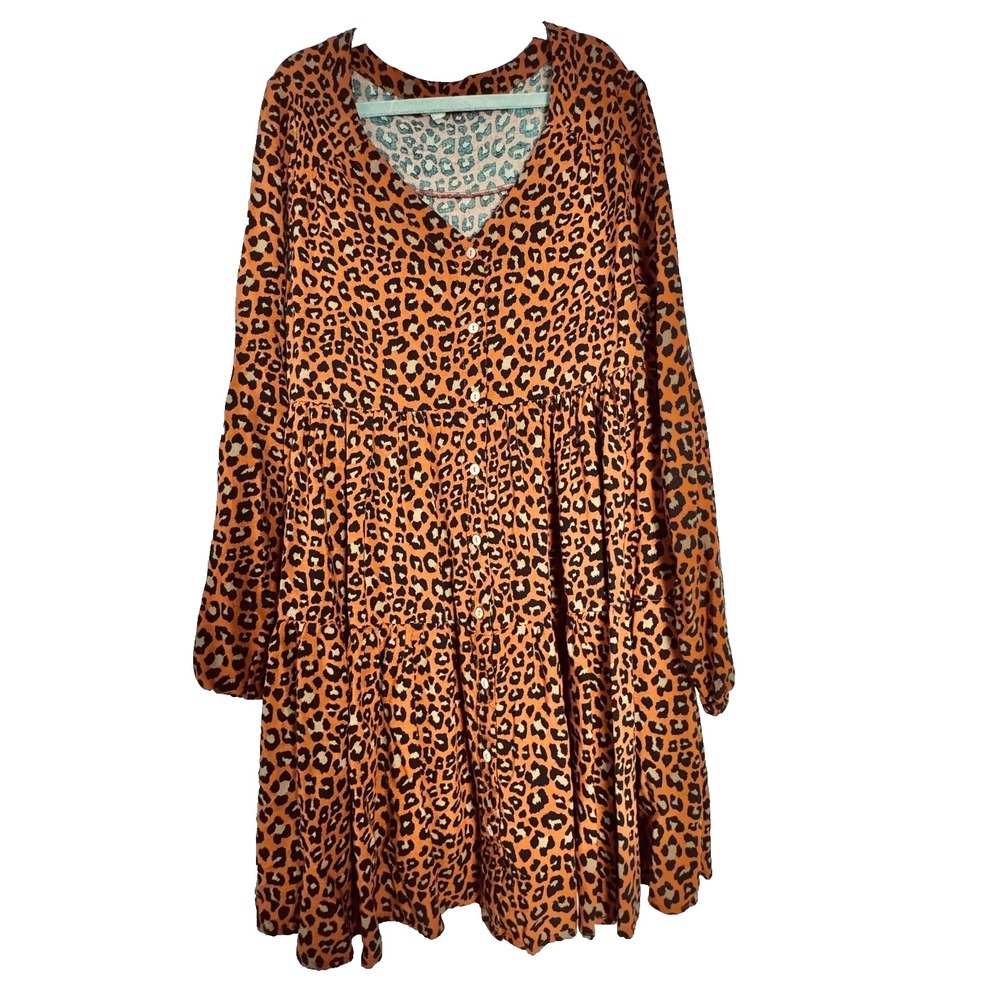 Easel Small Leopard Print Tiered Mini Dress Button Front V Neck Boho Cottage